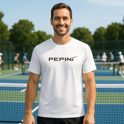 Man wearing a white t-shirt with 'PEPINI' logo on a tennis court